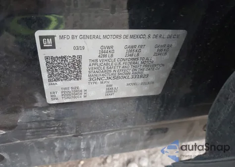 2019 Chevrolet Trax Ls z USA, uszkodzony, nr VIN 3GNCJKSB0KL331923